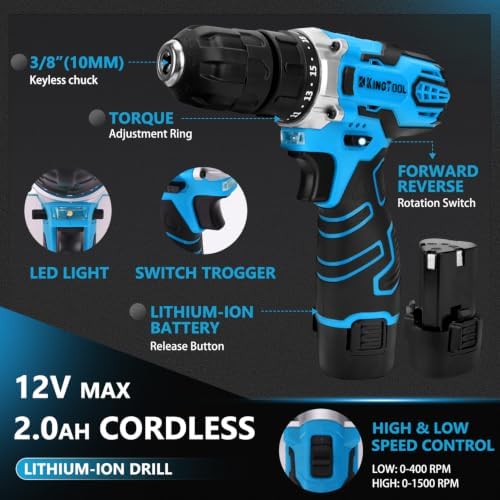 KingTool 276-Piece Tool Set Kit with 12V Cordless Power Drill (Blue)