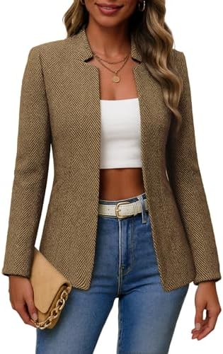 Mina Self 2026 Fall Women's Open Front Tweed Blazer,Plaid Fitted Jacket