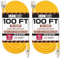 IRON FORGE CABLE 2 Pack of 100 Foot Lighted Outdoor Extension Cord - 12/3 SJTW Heavy Duty Yellow Extension Cable with 3 Prong Grounded Plug for Safety, 15 AMP - Great for Garden and Major Appliances