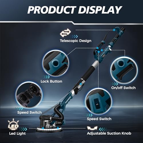 880W Drywall Sander, 5-Speed 1000-2100RPM, Foldable & Extendable Handle