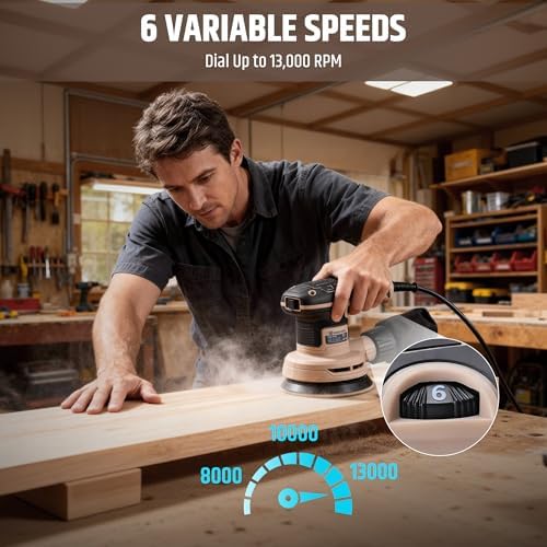 5-Inch Random Orbital Sander, 2.6Amp 320W Variable Speed (8000–13000RPM) Electric Sanders for Wood & Metal, Low Vibration, Aluminum Fan Blades, 15 Sandpapers, Dust Bag Included