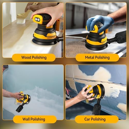 Brushless Palm Sander with 3 Speeds, Cordless 5" Random Orbital Sander, Dust Collector & 20 Sandpaper Sheets (60#–240#), Ideal for Woodworking, Polishing & Waxing (Fit for DW Battery)