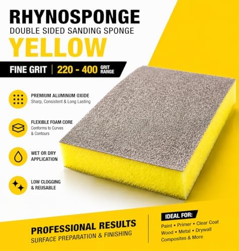 Indasa Rhyno Double Sided Sanding Sponge Pads – Aluminum Oxide, 4.75" x 3.75" x 1/2" – Flexible Foam Sanding Block (100 Pack) (Yellow – Fine (220–400 Grit))
