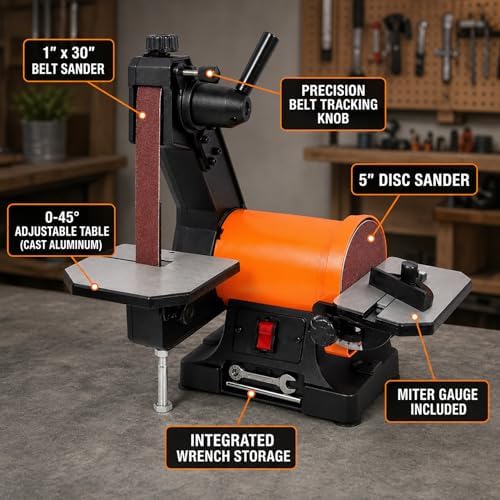 1x30 Belt Sander and 5 Inch Disc Sander - Mini Belt Sander | Tool-Free Benchtop Belt Sander with Dual Dust Ports | Cast Aluminum Bench Sander for Woodworking & Knife Making | Black