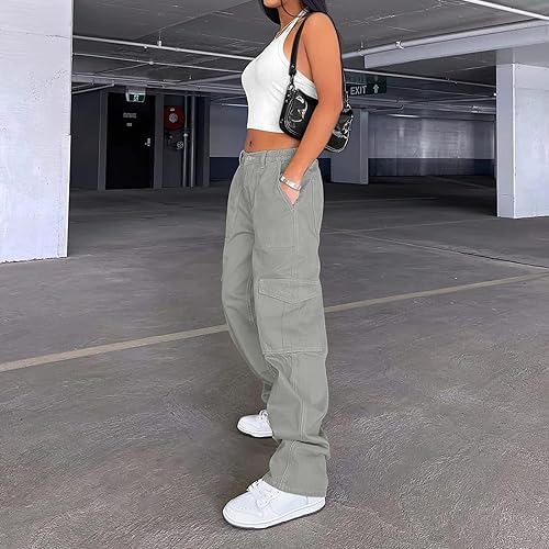 Lepunuo Cargo Pants for Women High Waisted Casual Pants Baggy Stretchy Wide Leg Y2K Streetwear with 6 Pockets