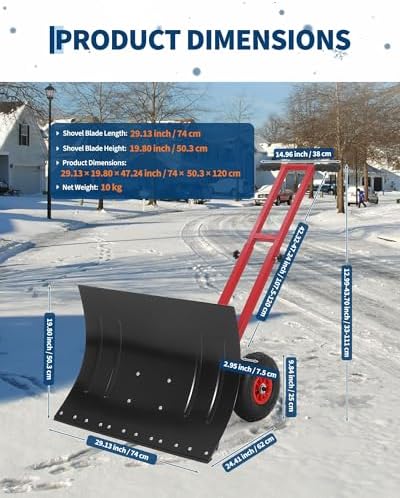 Snow Shovel with Wheels for Driveway, 29" W X 19.8" H Heavy Duty Double Rod