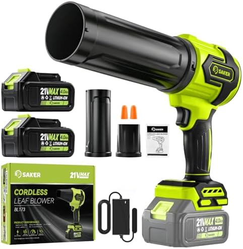 Saker Cordless Leaf Blower Portable Dust Cleaner with 2 Extended Nozzle for Lawn Care Drying Patio Cleaning 2 Batteries