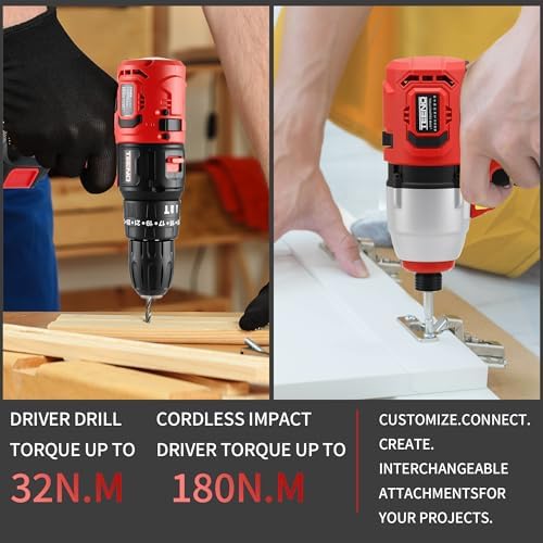 TEENO 20V Brushless Cordless Drill and Impact Driver Combo Kit, 2-in-1 Interchangeable Power Tool Set with 2x 1.5Ah Batteries, Fast Charger, 19 Pcs Drill Bits Accessories & Hard Storage Case