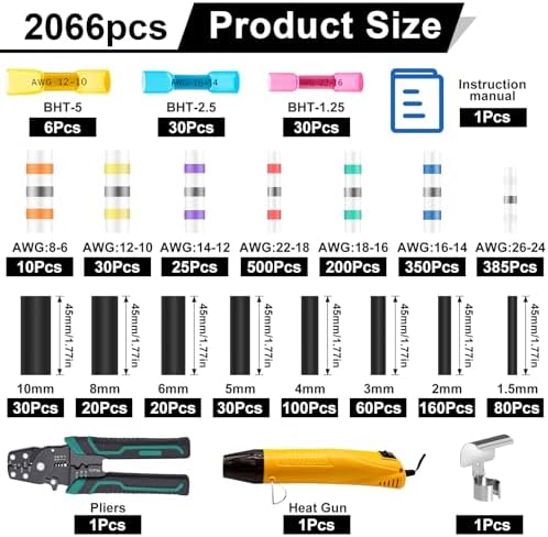 2066Pcs Heat Shrink Solder Seal Wire Connectors Kit with Heat Gun and Wire Stripper Crimping Tool, Waterproof Heat Shrink Wire connectors Electrical Wire Terminals for Marine Electrical