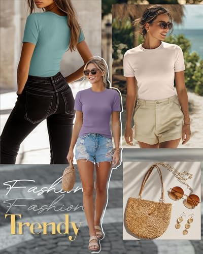 Ficerd 3 Pack Women's Ribbed Short Sleeve T-Shirts