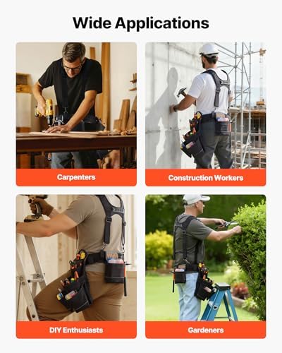 VEVOR Tool Belt, 19 Pockets Tool Pouch with Suspenders for Men, Heavy Duty Adjustable Utility Belt Work Bag Detachable Suspension Rig for Electrician, Carpenter, Construction, Adjust Waist 31 to 51in