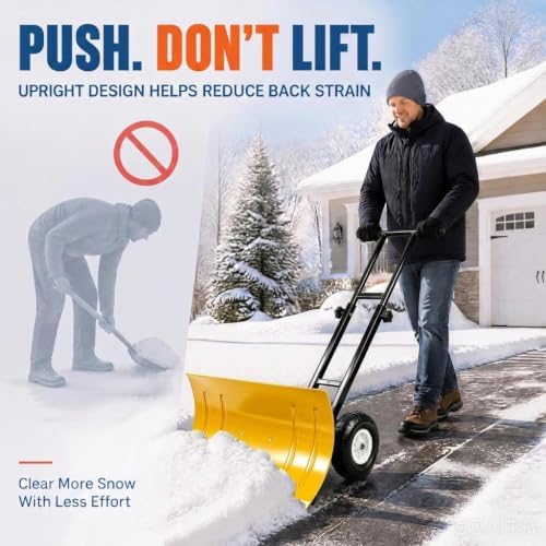 GarveeLife Wheeled Snow Shovel - 29in Steel Blade, 10in Wheels Yellow/Black