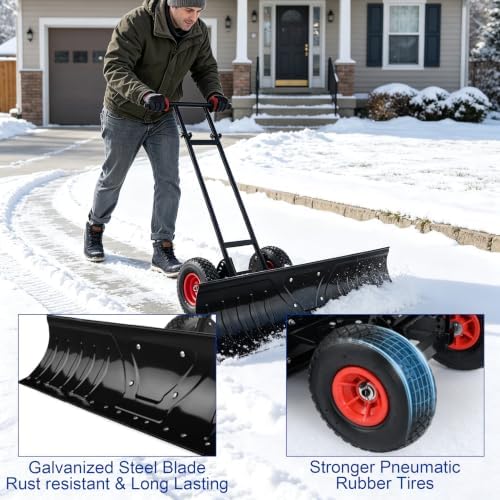 Garvee 48in Heavy-Duty Snow Pusher Hand Plow for Snow Removal w/Wheels, Adjustable Handle, Blade Angle,U-Shaped Handle,Large Blade for Efficient Snow Removal-Black