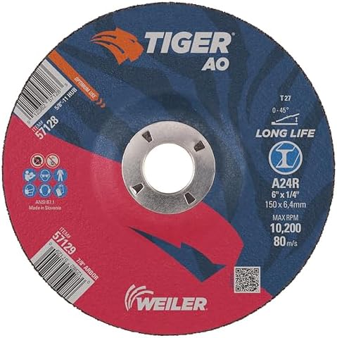 Weiler 57129 6”X1/4”, Tiger Type 27 Grinding Wheel, A24R, 7/8" A.H. (Pack of 10), 6" Dia