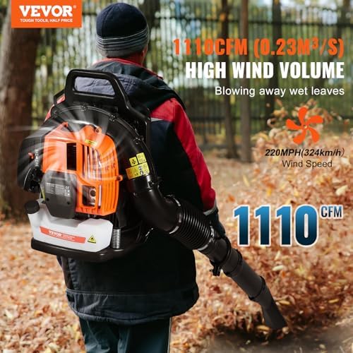 VEVOR 63CC Gas Backpack Leaf Blower, 2-Cycle 1110CFM 220MPH