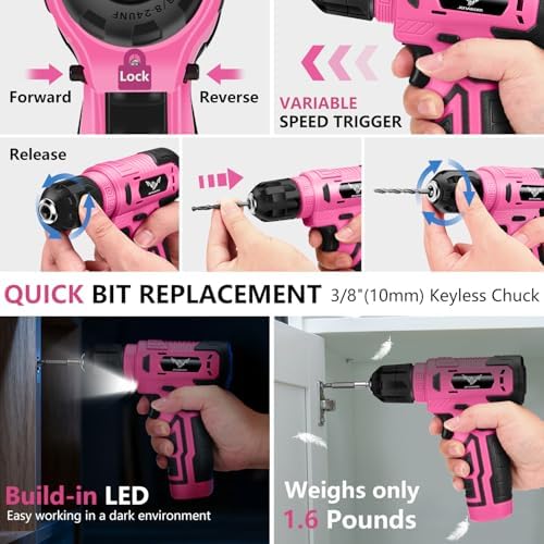 JENABOM 127-Piece Home Tool Set with 8V Pink Cordless Drill