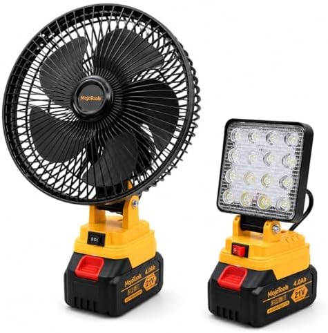 21V Cordless Camping Fan & LED Work Light Combo Kit — 9-Inch Portable Job Site Fan with Stepless Speed, 4.0Ah Battery & Charger Included, for Camping, Outdoor (Yellow Black Fan Light Set)