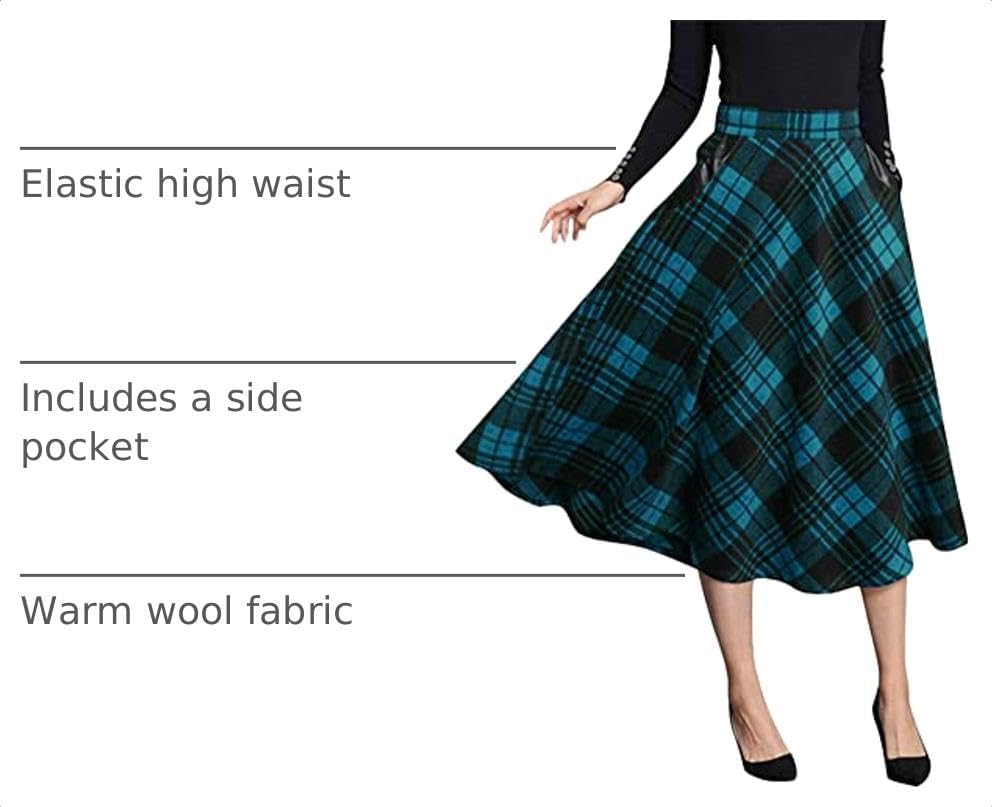 IDEALSANXUN Womens Plaid Wool Skirts Elastic Waist A-Line Pleated Tartan Long Skirts