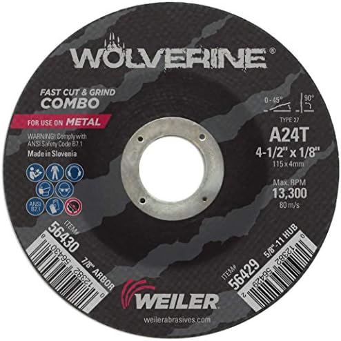 Weiler 56430 Wolverine 7/8" Arbor, 1/8" Thickness, 4 1/2" Diameter, A24T Grit, Type 27 Cutting and Light Grinding Wheel (Pack of 25)