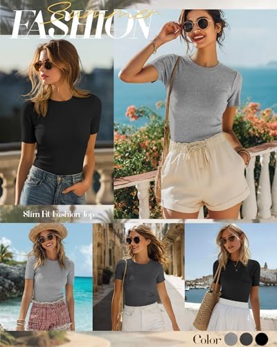 Ficerd 3 Pack Women's Ribbed Short Sleeve T-Shirts