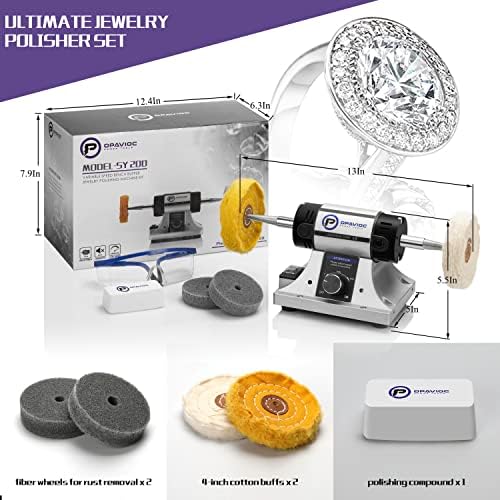 Jewelry Polisher - Adjustable Variable Speed Bench Grinder Polishing & Buffing Machine, Dental Buffer & Lathe - Includes 2 Cloth Wheels, 2 Abrasive Fiber Wheels, Safefy Glass, Polish Compound