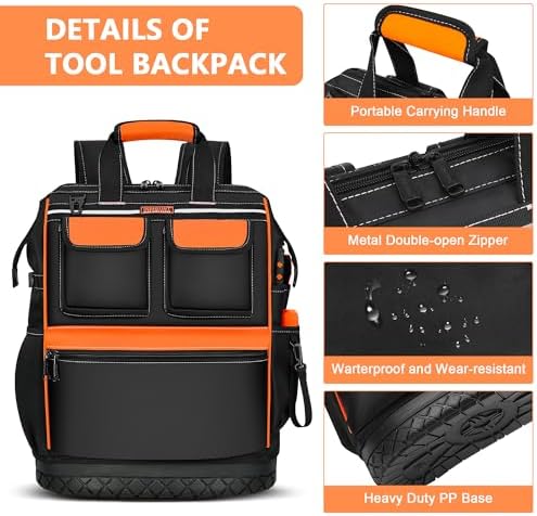 LOKASS Tool Backpack Heavy Duty, 18.5 in, 56 Pockets, Molded Bottom, Orange