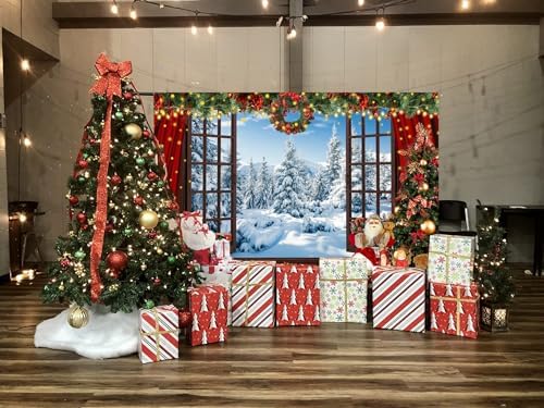 7x5ft Christmas Window Backdrop for Photography Winter Wonderland Snow Mountain Christmas Tree Photo Background Xmas Theme Holiday Party Decorations Banner Family Photo Shoot Background