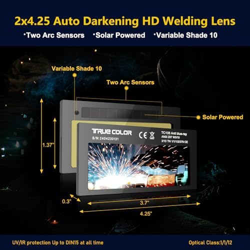 Gold Shade 10 Auto Darkening Welding Lens 2x4 1/4,True Color Blue Welding Lens,True Color Technology,Solar Charging,Fit Most Pancake and Pipeliner Welding Hoods,Auto Darkening Welding Lens 2x4.25