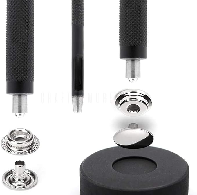 CRAFTMEMORE Snap Setter Fastener Kit Button Fixing Tool Ring-Socket Popper Setting Tool with 10 Silver Snaps #201 VT47 (12mm (0.47"))