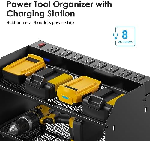 CCCEI Modular Power Tool Organizer Wall Mount Charging Station, Black 6 Drills Holder with 8 Plug Power Strip, Garage Drill Battery Heavy Duty Metal Shelf, Utility Rack with Hooks, Side Storage.