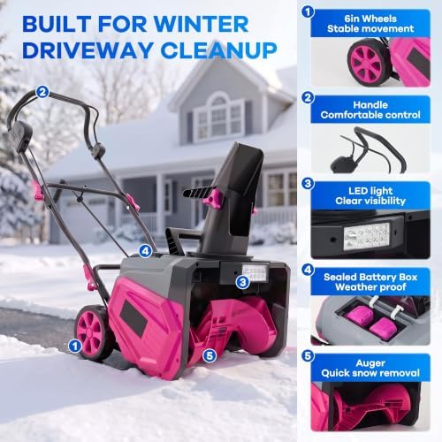 Garvee 40V 20" Cordless Snow Blower, Electric Snow Thrower Machine,Pink