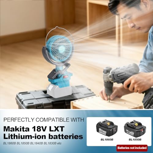 Portable Clip Fan compatible with Ma-ki-ta 18v Battery, Battery Powered Fan with Dual USB Charging, Cordless Fan with Adjustable Head, for Car, Home, Outdoor,Camping, Picnic and Job Site(Tool Only)