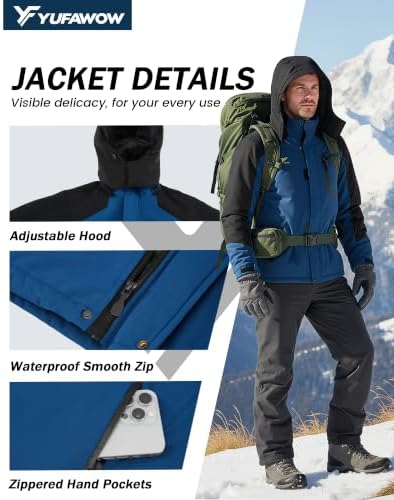Yufawow Men Winter Jacket Skiing Jacket Insulated Fleece Lined Waterproof Windbreaker for Snowboard Hiking Camping ATV Outdoor Work