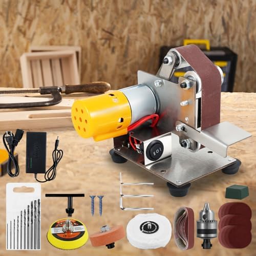 Mini Belt Sander Multifunctional Electric Belt Grinder 7 Adjustable Speed Electric Polishing Sharpener Machine 120-1000 Grit Small Electric Sander with Sanding Belt Polishing Pad