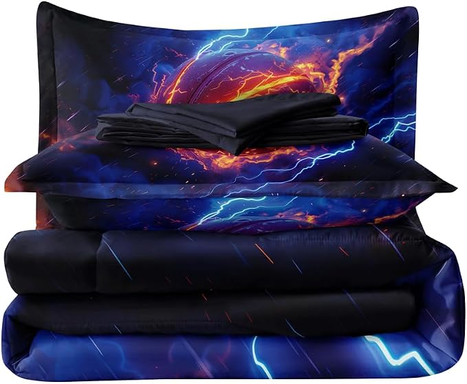 5 Pieces Basketball Comforter Full,Boys Basketball Bedding Set,Fire and Ice Basketball Theme Sports Comforter Set Full,Boys Bed Set with Sheets(Blue)