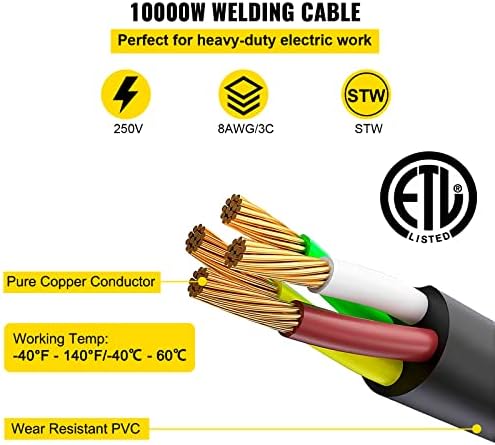 VEVOR Welding Extension Cord 40A 25ft, NEMA 6-50P to 6-50R Welding Cable, 8 AWG STW Heavy Duty Welder Power Cord for MIG TIG Plasma Lincoln Miller, ETL Listed