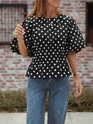 Cicy Bell Women Polka Dot Peplum Blouse Round Neck Puff Sleeve Summer Top