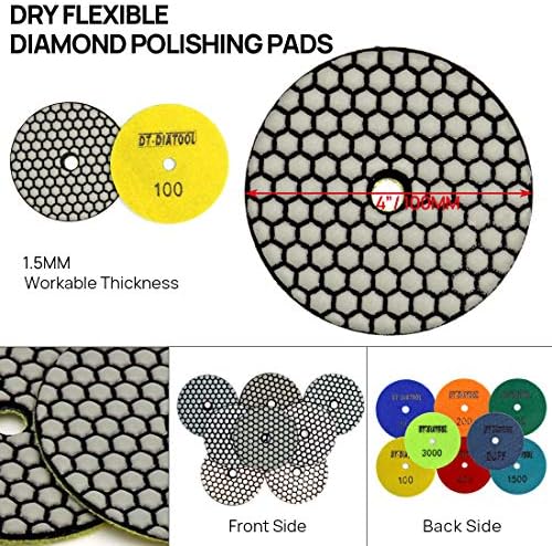 DT-DIATOOL Dry Diamond Polishing Pads 4 Inch for Granite Marble Quartz Stone Countertop Tiles Plastic Mixed Grits Plus Plastic Backer