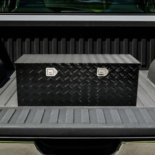 48 Inch Heavy Duty Aluminum Truck Tool Box Pick Up Truck Bed RV Trailer Toolbox Storage Organizer with Side Handle, Lock & Keys，Black,5 Bar Tread 48"(L) X19.5''(W) X17.5(H) Storage Box