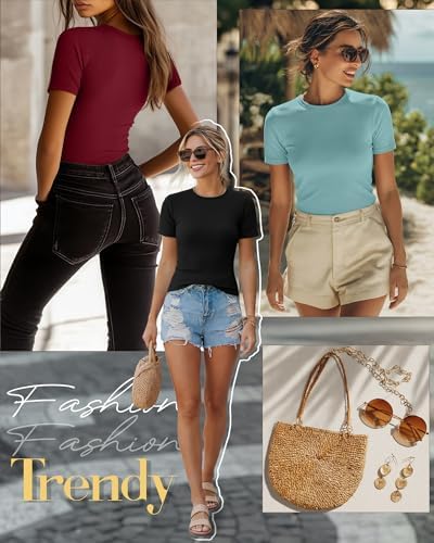 Ficerd 3 Pack Women's Ribbed Short Sleeve T-Shirts