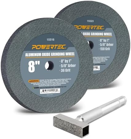 POWERTEC Bench Grinder Wheel + Diamond Wheel Dresser 8 Inch 36 & 150 Grit, Aluminum Oxide Grinding Wheel for Bench Pedestal Grinder, 1" Thick 5/8" Arbor, Sharpening Shaping Blade, Chisel, Drill Bits