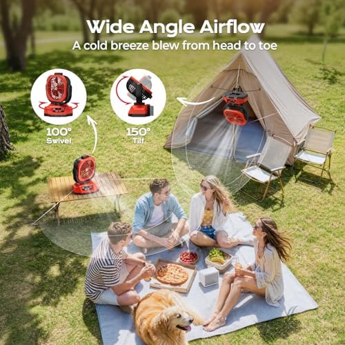 Battery Operated Fan for Milwaukee M18 battery, Camping Fan with USB A/C & LED Lights, 4 Speeds & Remote Control, Portable/Cordless/Battery Powered fan, for Outside, Jobsite (Battery Not Included)