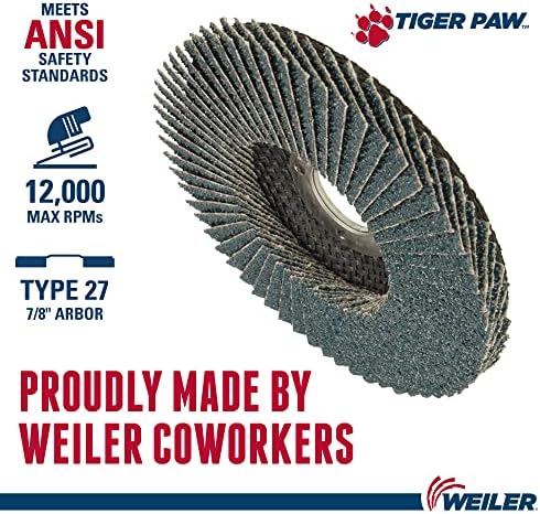 Weiler 51160 Tiger Paw XHD Super High Density Abrasive Flap Disc, Type 27 Flat Style, Phenolic Backing, Zirconia Alumina, 4-1/2" Diameter, 7/8" Arbor, 36 Grit, 12000 RPM (Pack of 10)