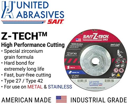 United Abrasives-Sait 23309 Z-Tech™ High Performance Cut-Off Wheels (Type 27/Type 42 Depressed Center) 5" x .045" x 5/8-11", 10-Pack