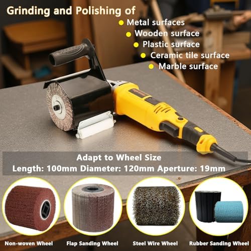Burnishing Polishing Machine Adapter for Angle Grinder, US 5/8-11 Spindle Thread,Handheld Electric Stainless Steel Polisher for Metal, Stainless Steel, Wood (3Pcs Flap Wheels).