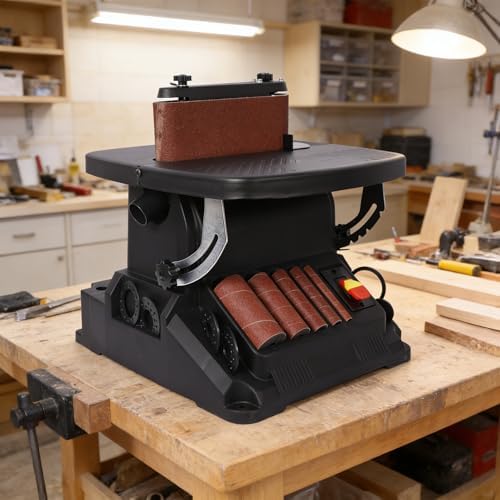 500W Oscillating Spindle Belt Sander, 2-in-1 Combination Sander Woodworking Machine with Variable Speed 1000-2000 RPM, 4x24 Belt Sander & 5 Spindles, 0-45° Tilting Table for Curves & Edges, Black