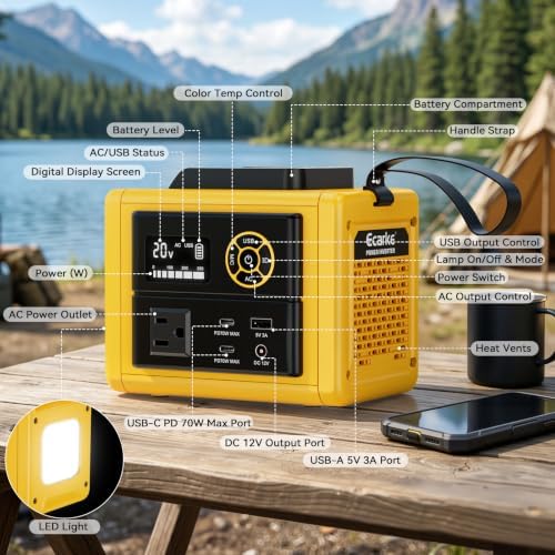 Ecarke 350W Power Inverter Compatible with DeWALT 20V Battery (Tool Only), DC to AC 110V Power Station: 2x70W USB-C Fast Charger, AC, USB-A, 12V DC, 800lm LED & Display – Camping, Job Site, Emergency