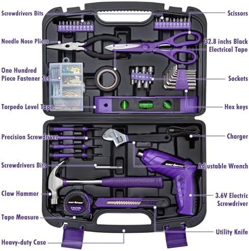CARTMAN 149PCS Tool Set, Purple Cordless Screwdriver, Home Repair Tool Kit