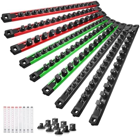 Reniteco Magnetic Socket Organizer Set, 9-Piece 1/4” 3/8” 1/2” Socket Rails | 120-Clip: 1/4" Rail-42 Clips, 3/8" Rail-42 Clips, 1/2" Rail-36 Clips, Heavy-Duty Aluminum Alloy Rails, Drawer or Wall Mount