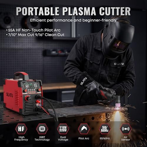 SILATU 55A Plasma Cutter, HF Non-Touch Pilot Arc Plasma Cutter Machine, 7/10″ Max Cut 9/16″ Clean Cut, Portable 110/220V Dual Voltage IGBT Inverter Digital Display, PT/2T/4T for Beginners DIY (Red)